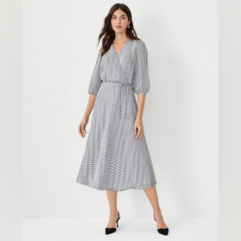 Ann Taylor Checked Faux Wrap Midi Dress Gray White Fit Flare Belted Size 14